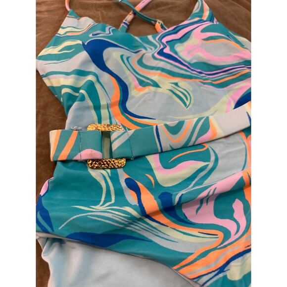 Palms Away Blue Tye Dye One Piece with Belt CrissCross Straps - Picture 3 of 5